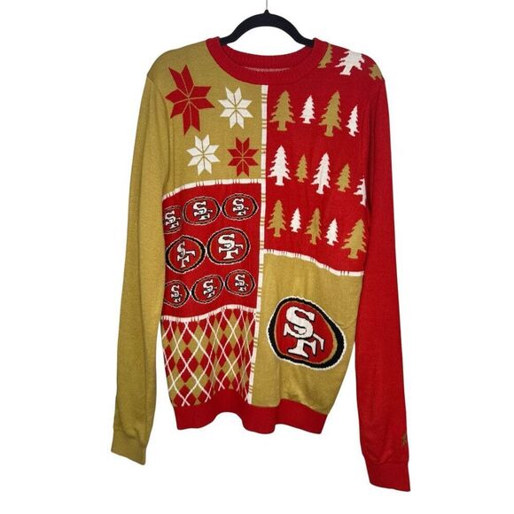 NFL San Francisco 49ers Men’s Large Busy Block Ugly Christmas Sweater Red & Gold - Picture 2 of 8
